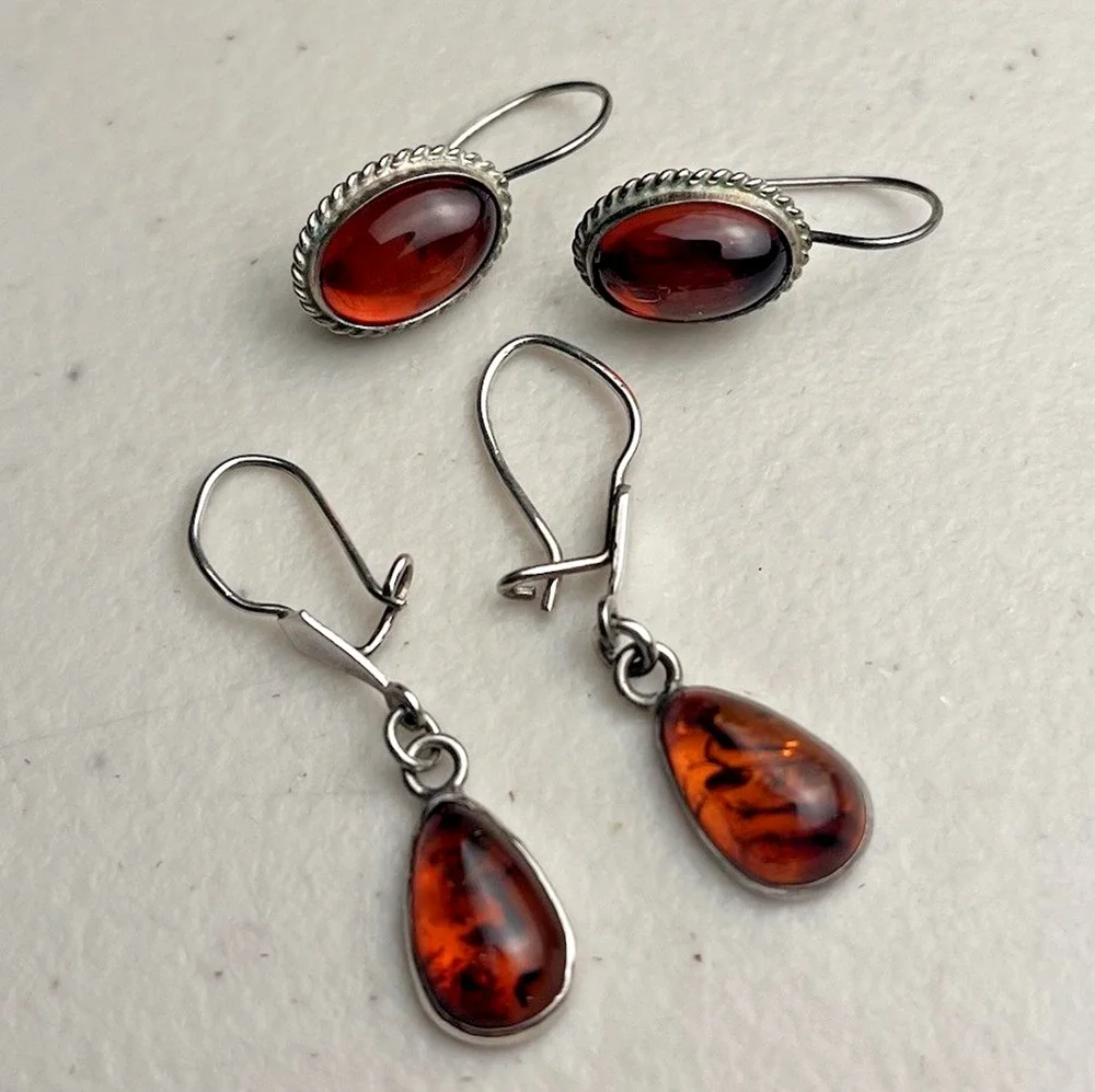 925 Sterling Silver Amber Dangle Drop Earrings Honey Cabochon Dainty Hook Lot